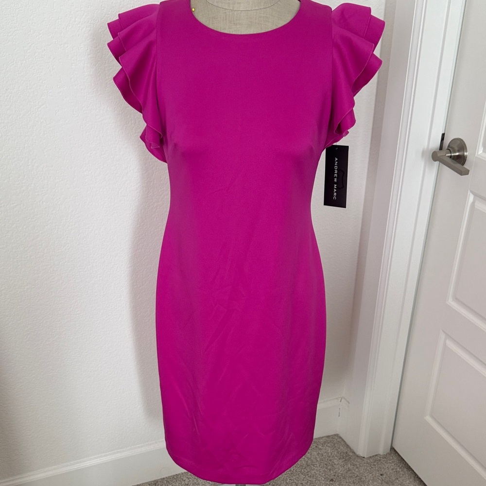 Andrew Marc Vibrant Pink Ruffle Sleeve Mini Dress
